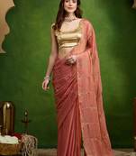 Leaf motif embroidery silk blend ready to wear saree with aari work
