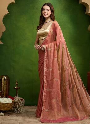 Leaf motif embroidery silk blend ready to wear saree with aari work 2