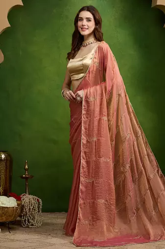 Leaf motif embroidery silk blend ready to wear saree with aari work