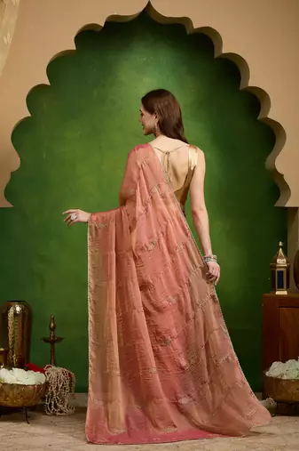 Leaf motif embroidery silk blend ready to wear saree with aari work
