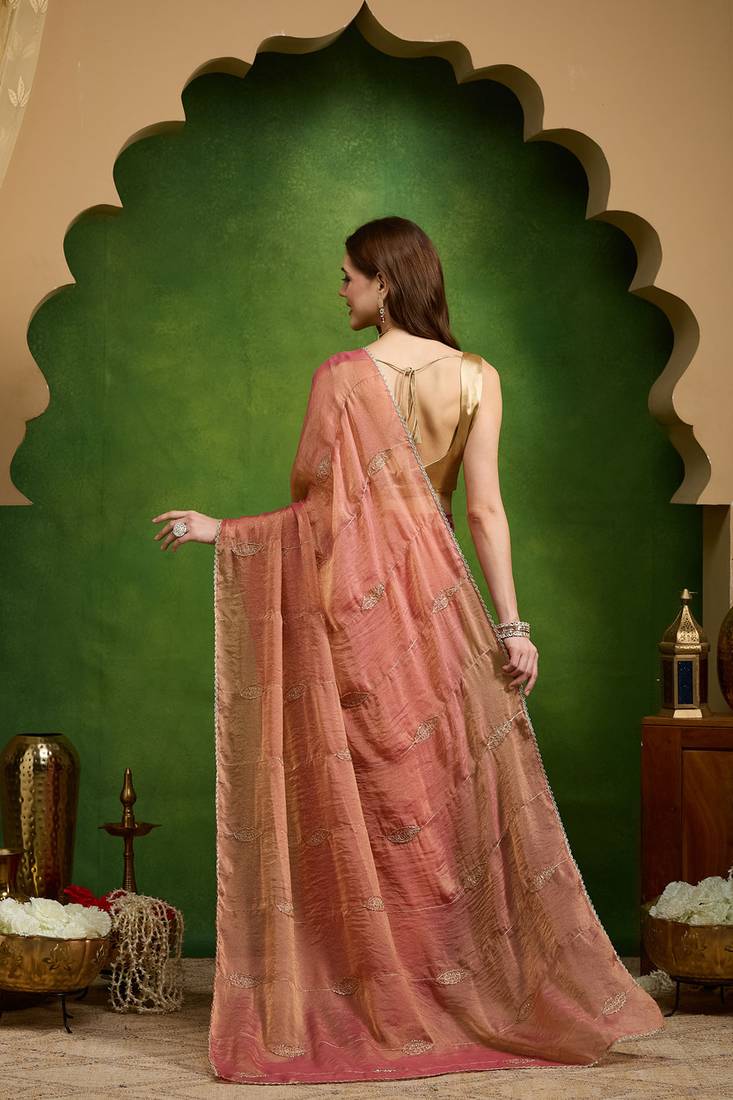 Leaf motif embroidery silk blend ready to wear saree with aari work