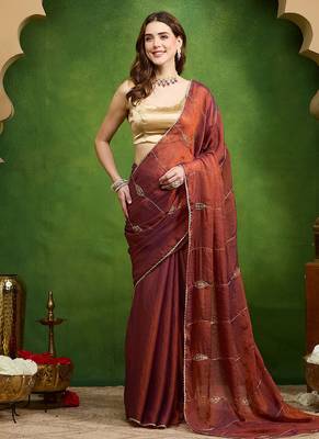 Leaf motif embroidery silk blend ready to wear saree with aari work 1