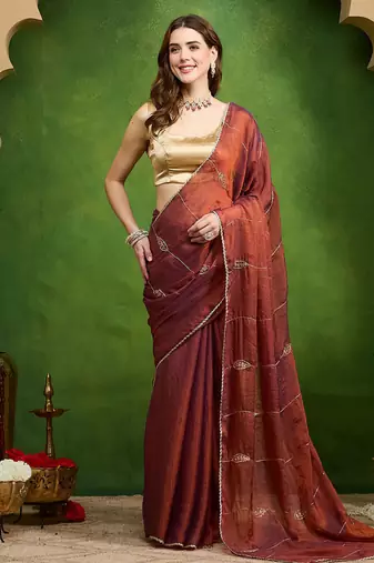 Leaf motif embroidery silk blend ready to wear saree with aari work