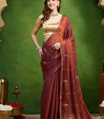 Leaf motif embroidery silk blend ready to wear saree with aari work