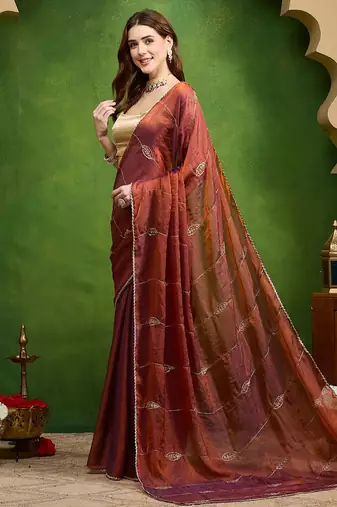 Leaf motif embroidery silk blend ready to wear saree with aari work