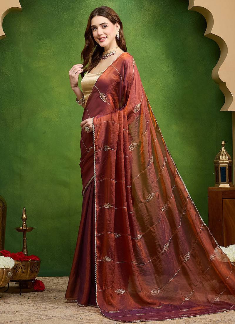 Leaf motif embroidery silk blend ready to wear saree with aari work