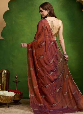 Leaf motif embroidery silk blend ready to wear saree with aari work 3