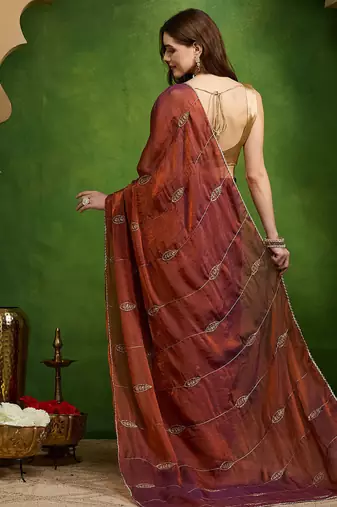 Leaf motif embroidery silk blend ready to wear saree with aari work