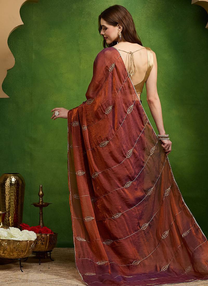 Leaf motif embroidery silk blend ready to wear saree with aari work