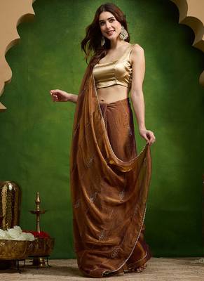 Leaf motif embroidery silk blend ready to wear saree with aari work 1