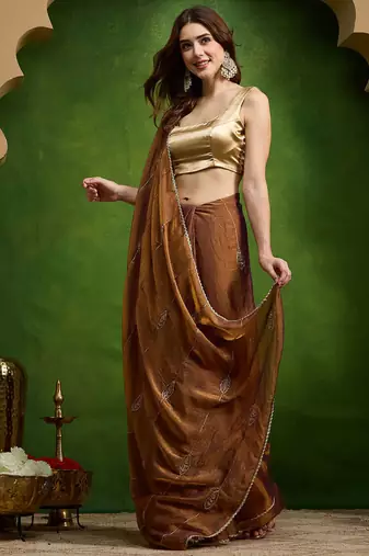 Leaf motif embroidery silk blend ready to wear saree with aari work