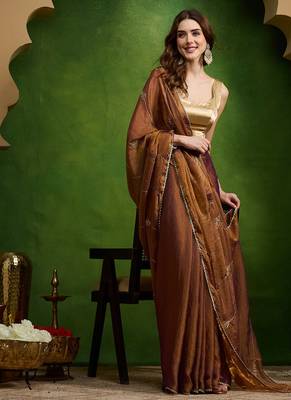 Leaf motif embroidery silk blend ready to wear saree with aari work 2
