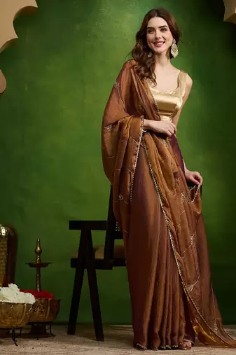 Leaf motif embroidery silk blend ready to wear saree with aari work
