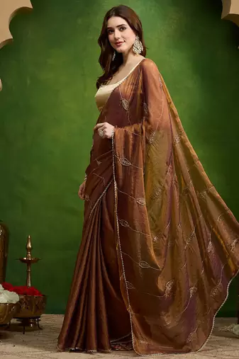Leaf motif embroidery silk blend ready to wear saree with aari work