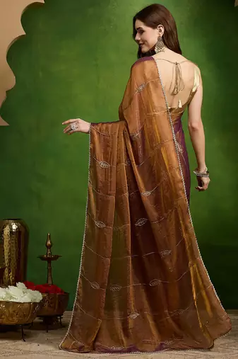 Leaf motif embroidery silk blend ready to wear saree with aari work