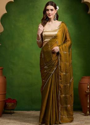 Leaf motif embroidery silk blend ready to wear saree with aari work 1