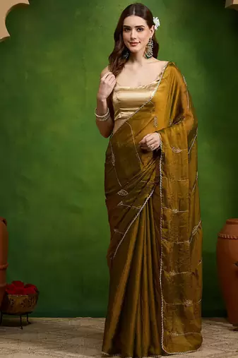 Leaf motif embroidery silk blend ready to wear saree with aari work