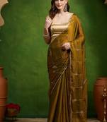 Leaf motif embroidery silk blend ready to wear saree with aari work