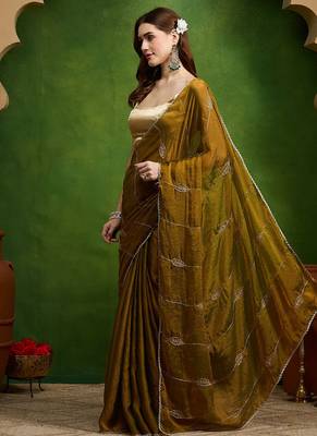 Leaf motif embroidery silk blend ready to wear saree with aari work 2