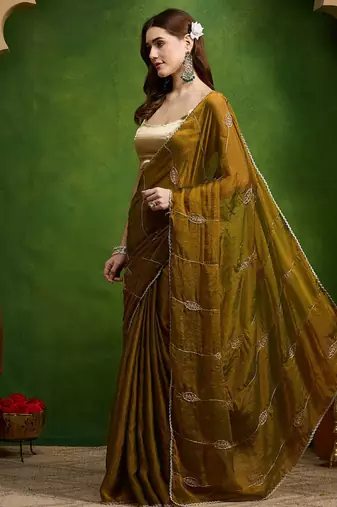 Leaf motif embroidery silk blend ready to wear saree with aari work