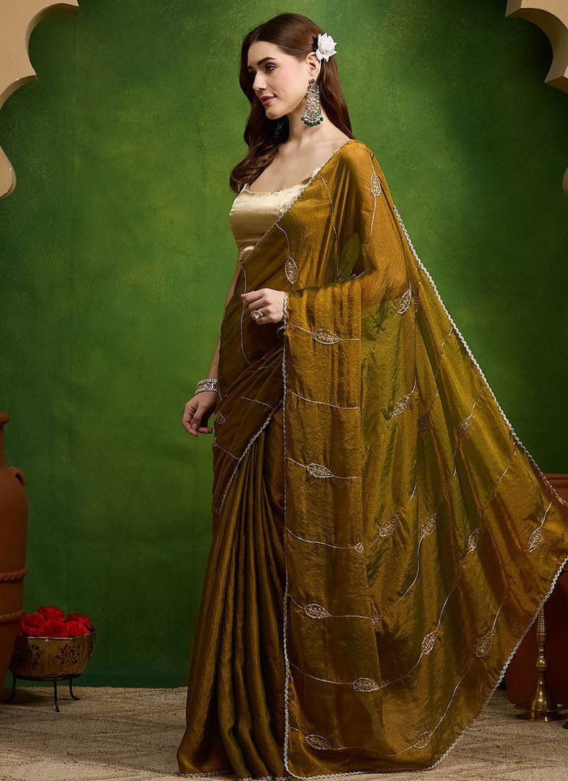 Leaf motif embroidery silk blend ready to wear saree with aari work