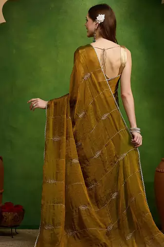 Leaf motif embroidery silk blend ready to wear saree with aari work