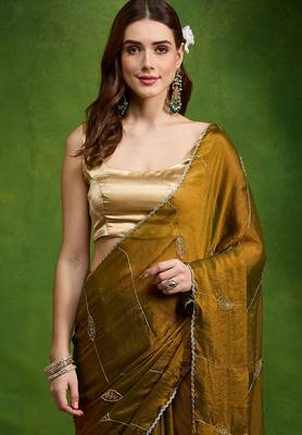 Leaf motif embroidery silk blend ready to wear saree with aari work 4
