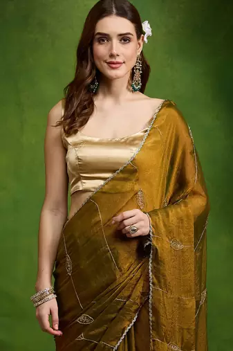 Leaf motif embroidery silk blend ready to wear saree with aari work