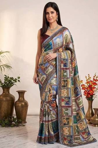 Multicolor Chinon Silk Blend Saree With Mirror Work