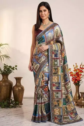 Multicolor Chinon Silk Blend Saree With Mirror Work
