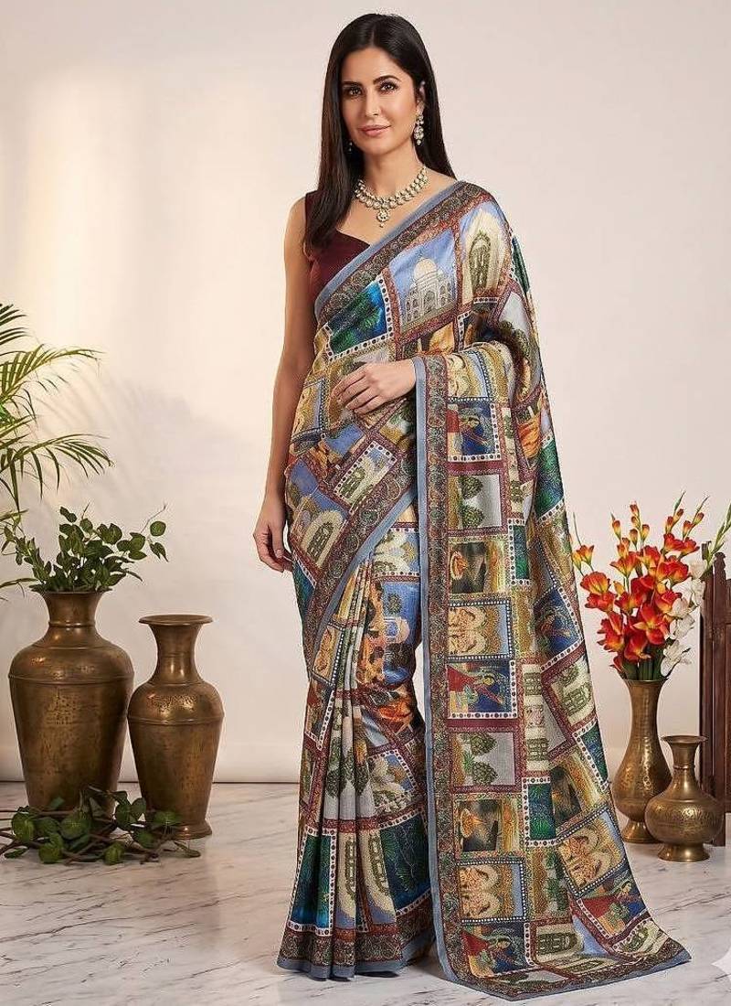 Multicolor Chinon Silk Blend Saree With Mirror Work