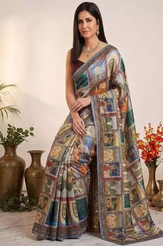 Multicolor Chinon Silk Blend Saree With Mirror Work