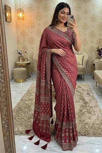 Red Print And Real Mirror Work Silk Blend Saree