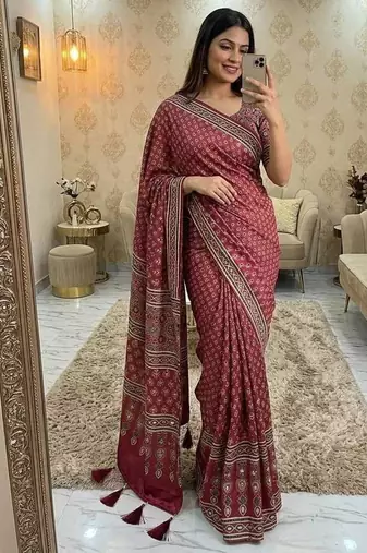 Red Print And Real Mirror Work Silk Blend Saree