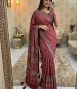 Red Print And Real Mirror Work Silk Blend Saree