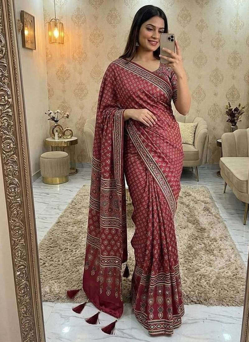 Red Print And Real Mirror Work Silk Blend Saree