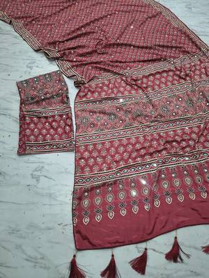 Red Print And Real Mirror Work Silk Blend Saree 2