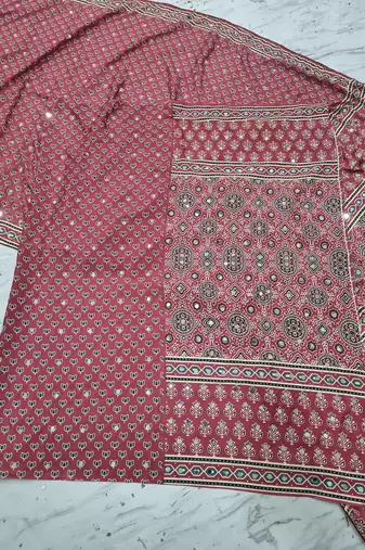 Red Print And Real Mirror Work Silk Blend Saree