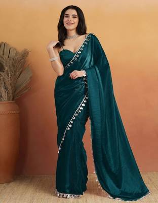 Teal solid satin embellished ready to wear saree 1