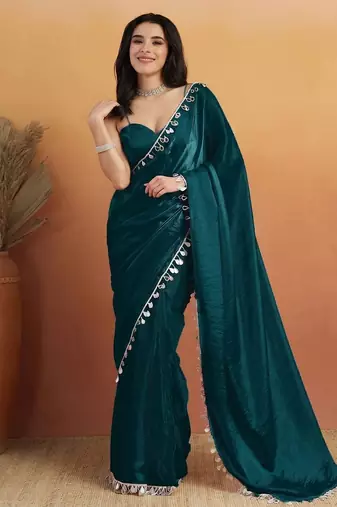 Teal solid satin embellished ready to wear saree