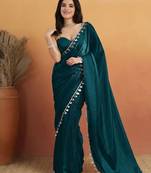 Teal solid satin embellished ready to wear saree
