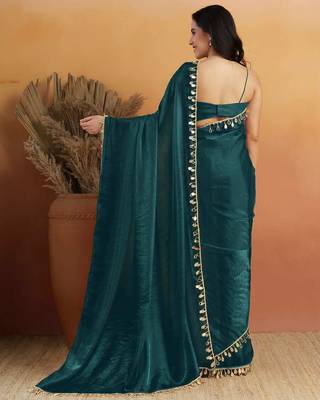 Teal solid satin embellished ready to wear saree 2