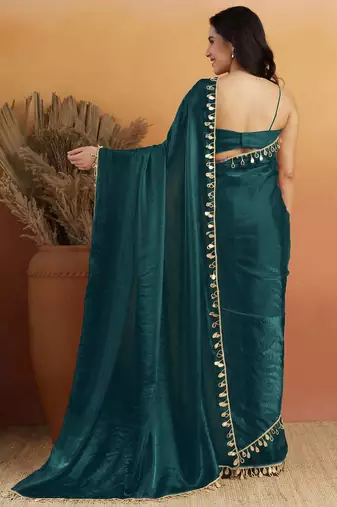 Teal solid satin embellished ready to wear saree