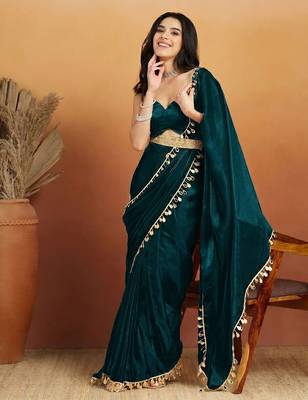 Teal solid satin embellished ready to wear saree 3