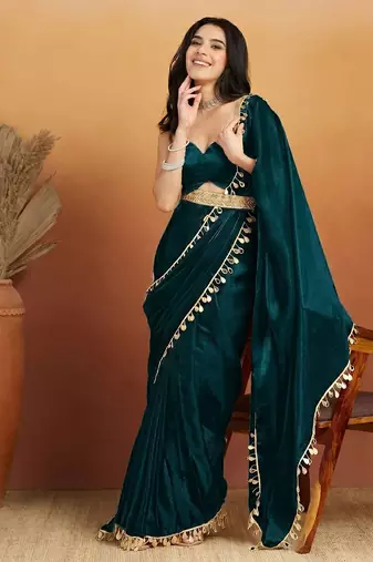 Teal solid satin embellished ready to wear saree
