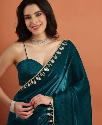 Teal solid satin embellished ready to wear saree 4