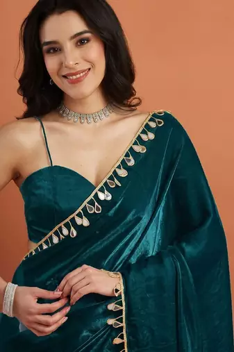Teal solid satin embellished ready to wear saree