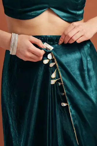 Teal solid satin embellished ready to wear saree