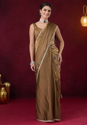 Aari work floral silk blend ready to wear saree 1