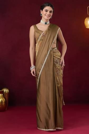 Aari work floral silk blend ready to wear saree